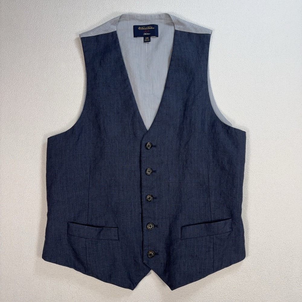Brooks Brothers Madison Linen Vest Men 40R Navy Pockets Baird McNutt Irish STAIN